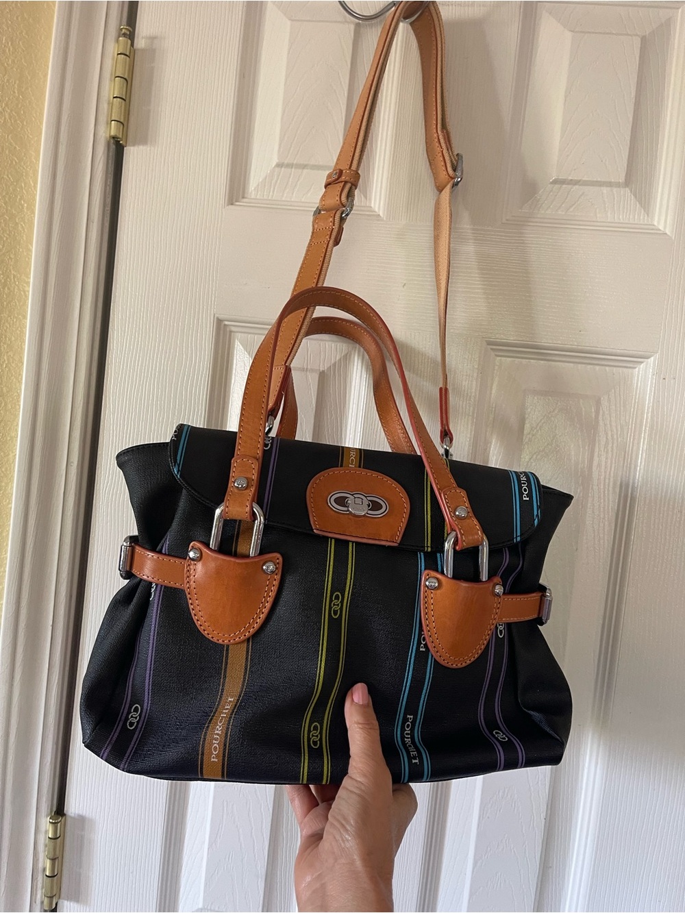 Black Shoulder Bag with Tan Trim and Multicolor Stripes